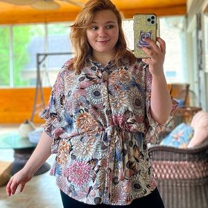 Peck & Peck floral butterfly button up ruffle top